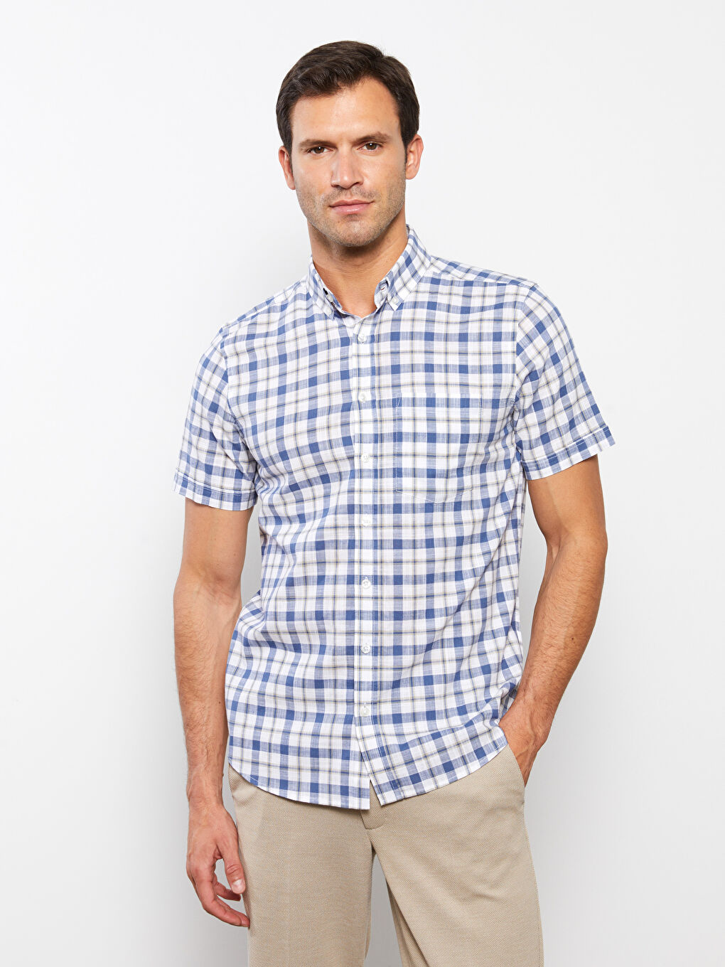 Beyaz Regular Fit Kısa Kollu Ekose Poplin Erkek Gömlek