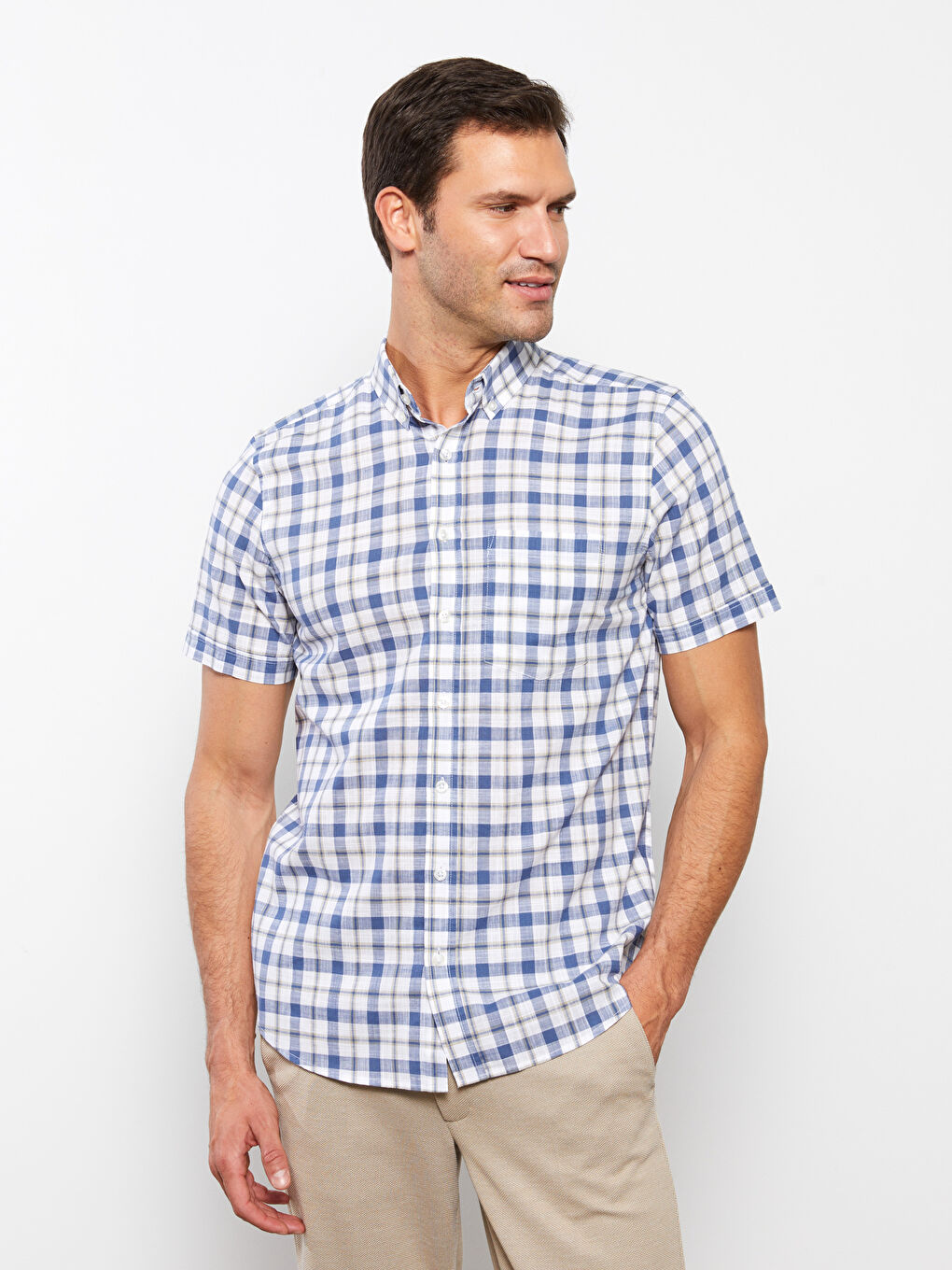 Beyaz Regular Fit Kısa Kollu Ekose Poplin Erkek Gömlek-2