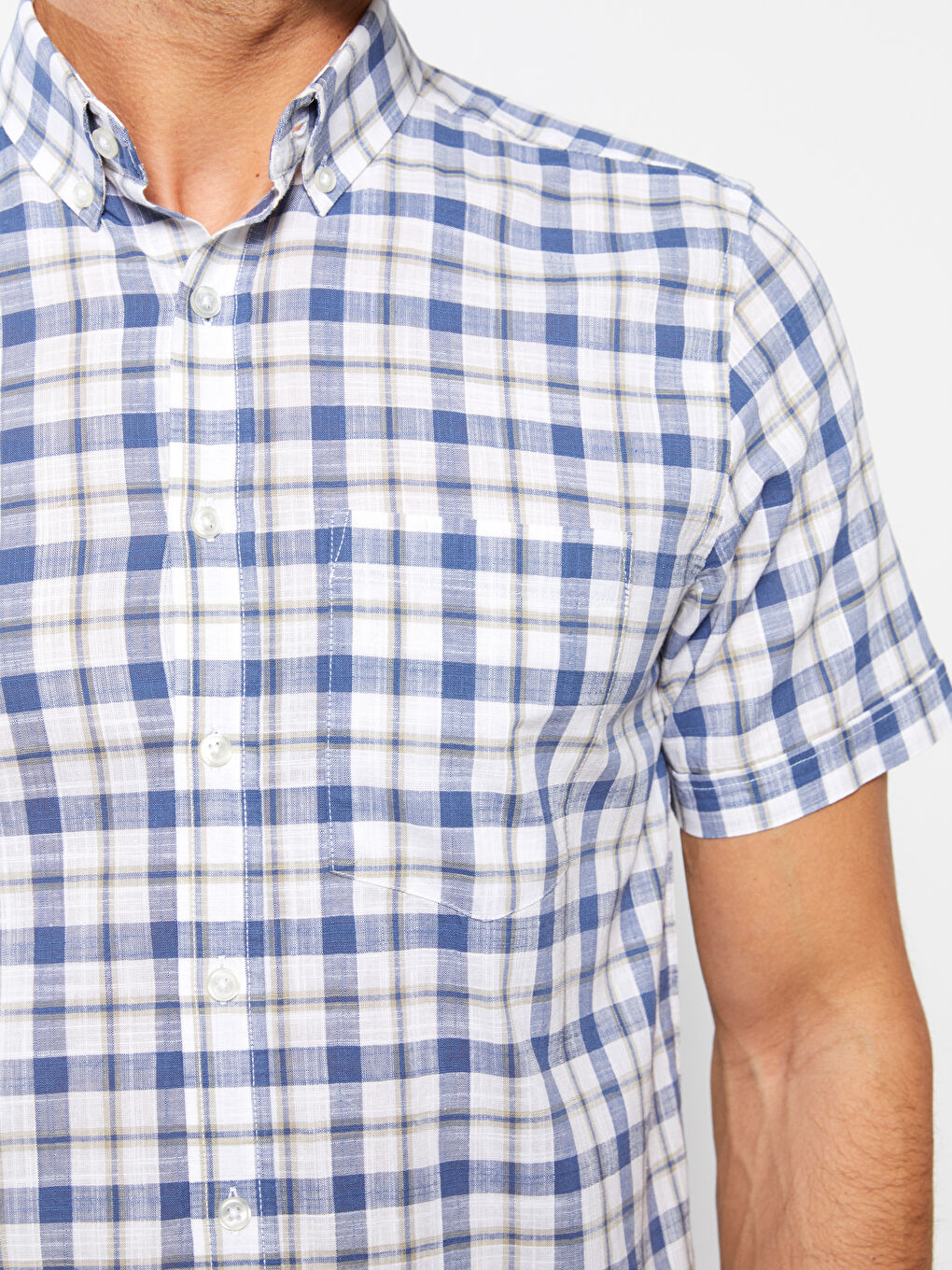 Beyaz Regular Fit Kısa Kollu Ekose Poplin Erkek Gömlek-3