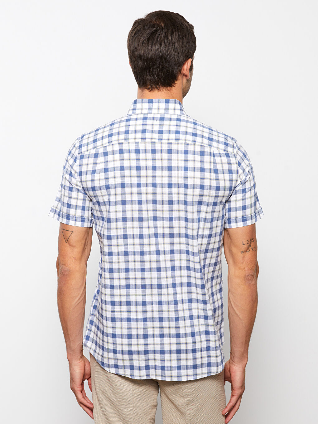 Beyaz Regular Fit Kısa Kollu Ekose Poplin Erkek Gömlek-4