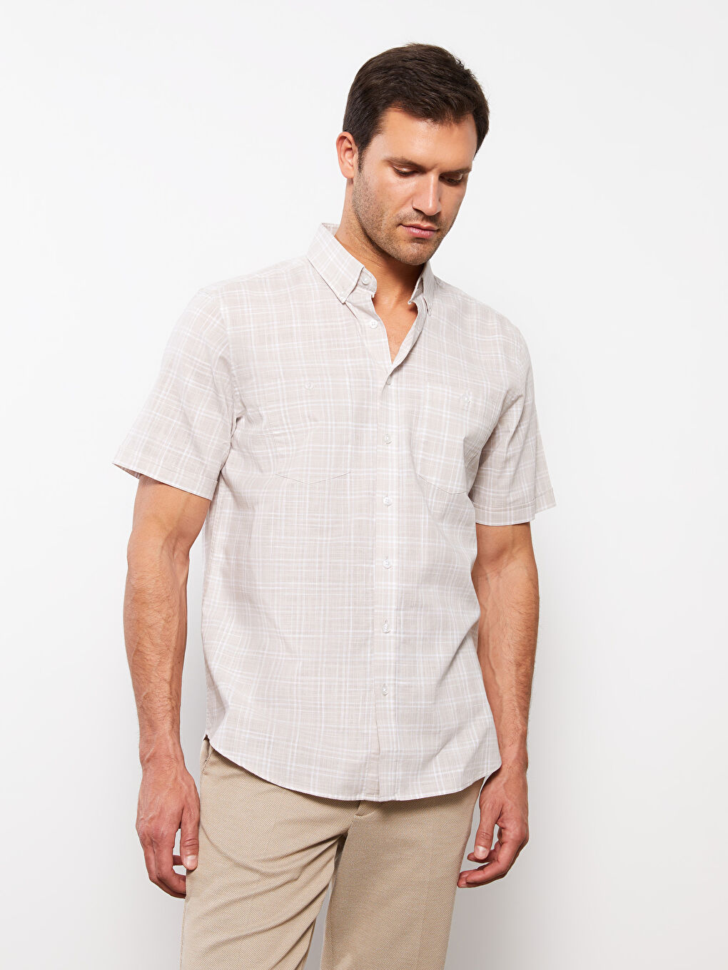 Chemise Pour Hommes À Manches Courtes En Popeline Écossaise Coupe Régulière-1