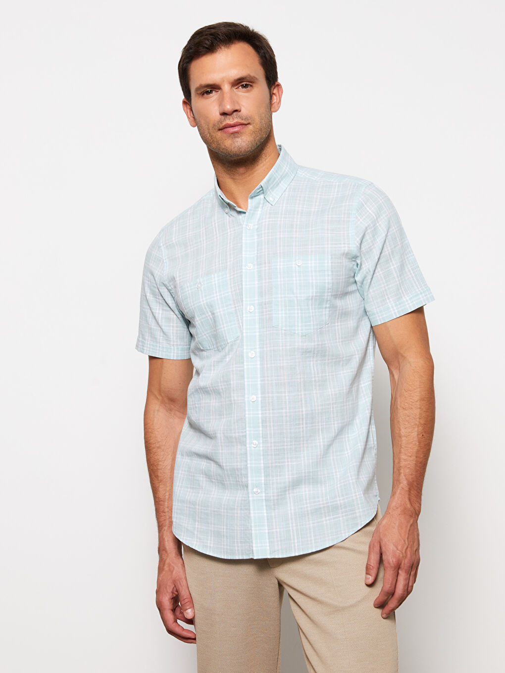 Chemise Pour Hommes À Manches Courtes En Popeline Écossaise Coupe Régulière