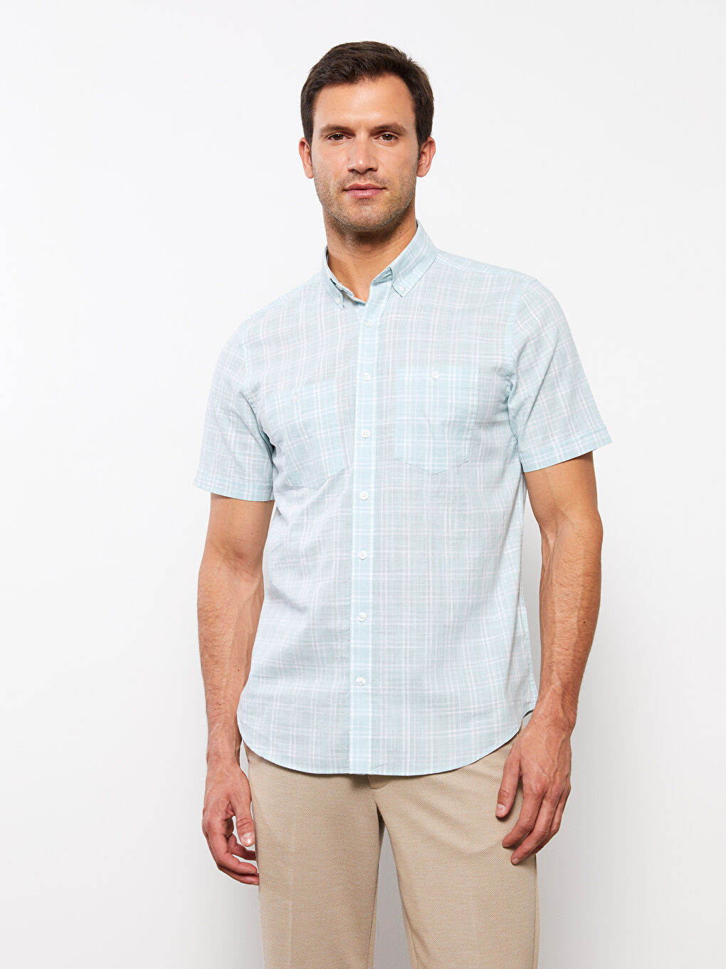 Chemise Pour Hommes À Manches Courtes En Popeline Écossaise Coupe Régulière-1