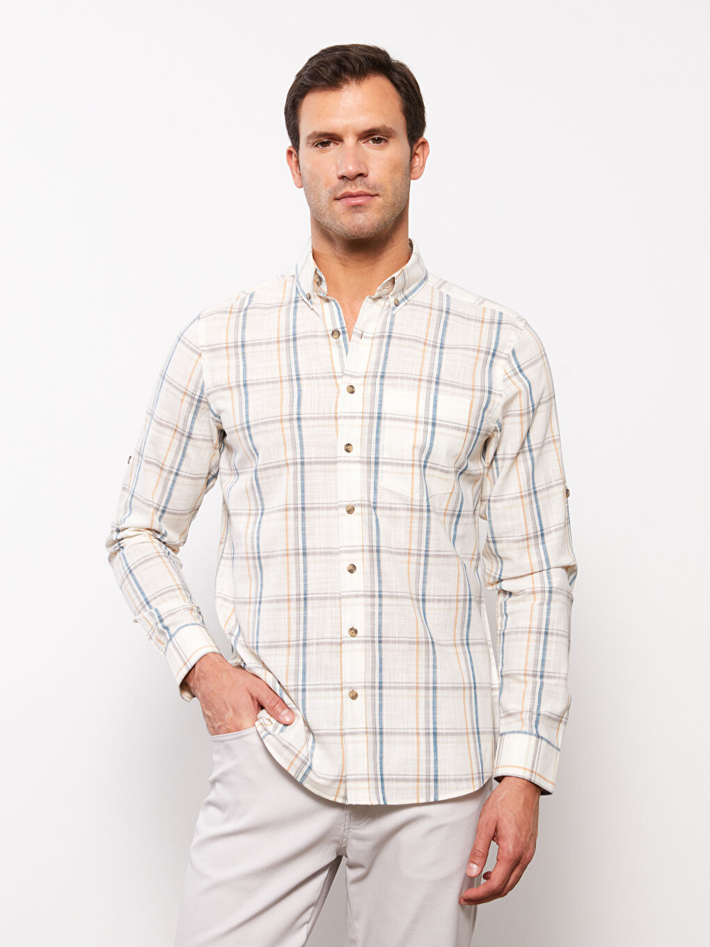 قميص بوبلين كاروهات كم طويل عادي للرجال