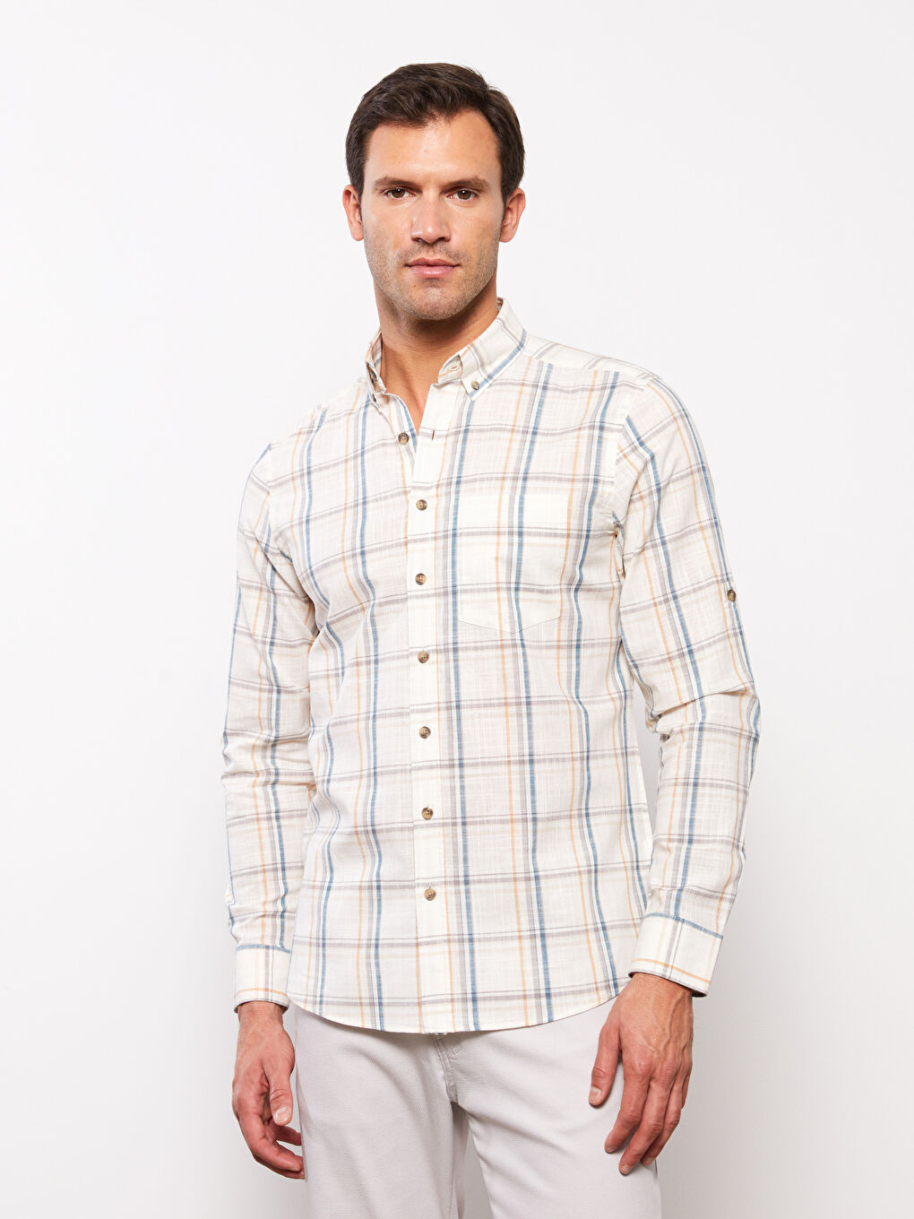 قميص بوبلين كاروهات كم طويل عادي للرجال-2