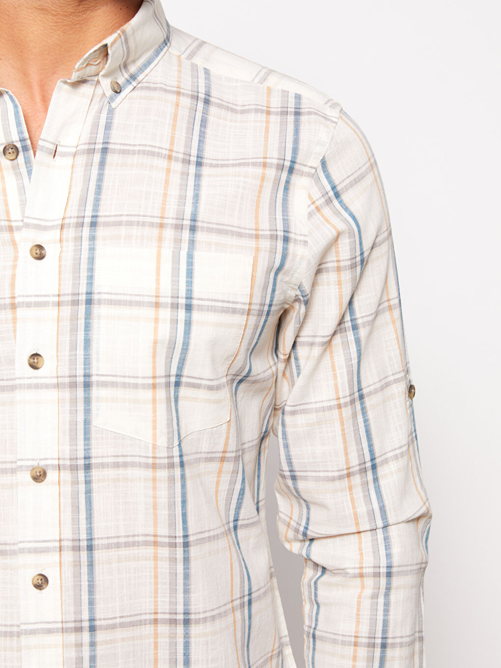 قميص بوبلين كاروهات كم طويل عادي للرجال-3