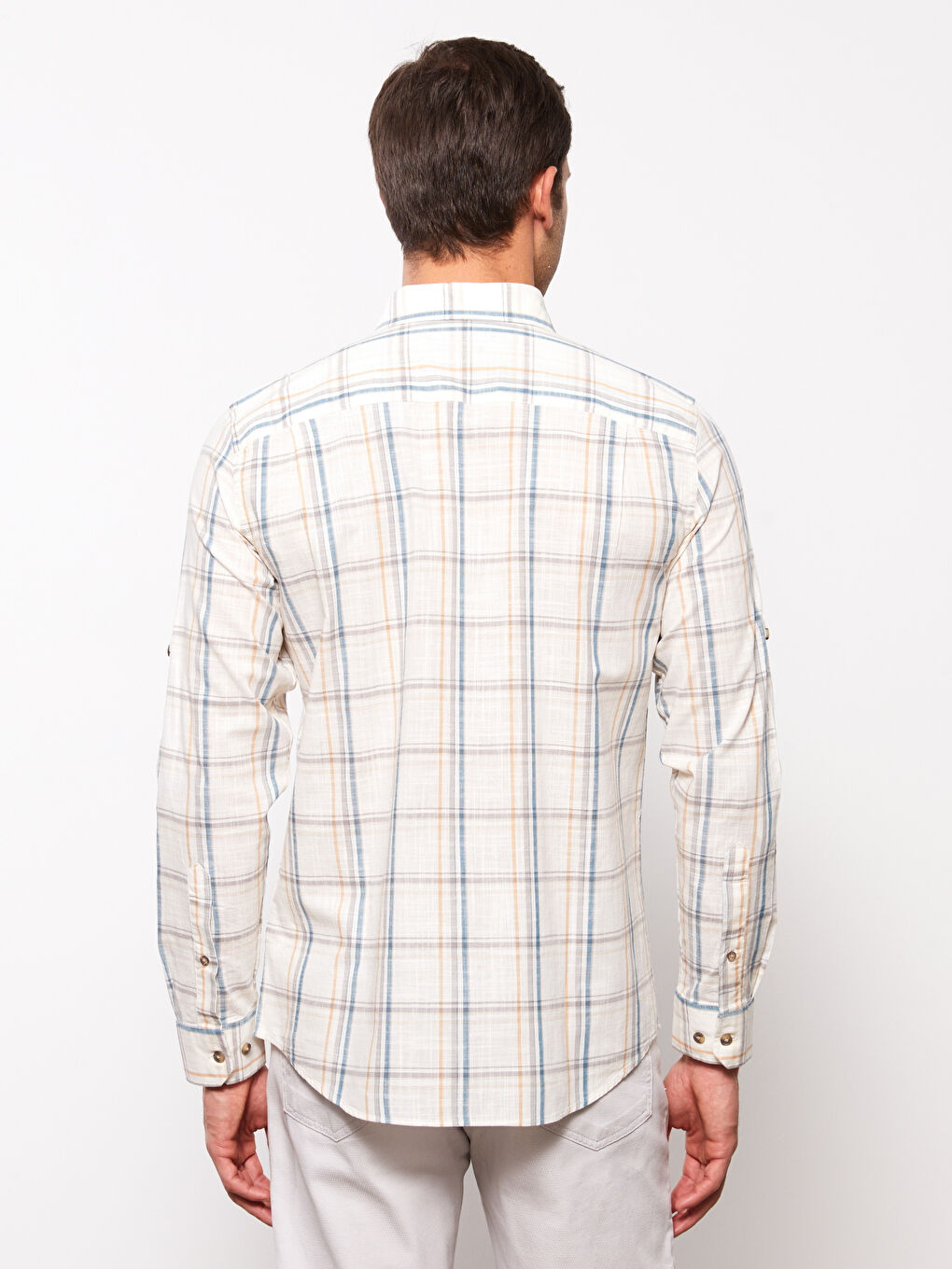 قميص بوبلين كاروهات كم طويل عادي للرجال-4