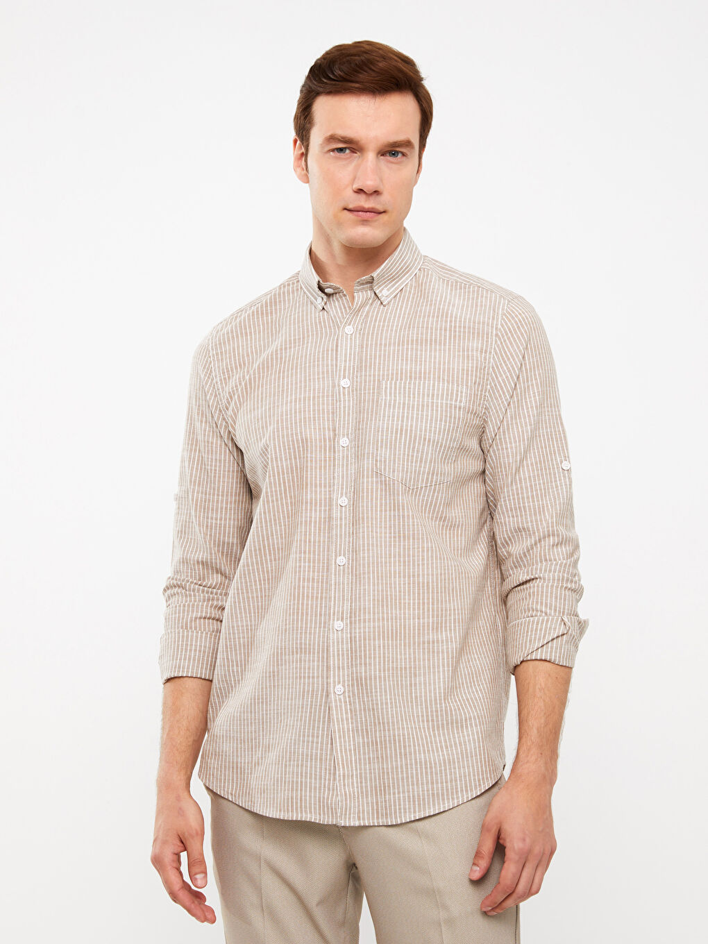 Regular Fit Long Sleeve Striped Linen Blend Men's Shirt