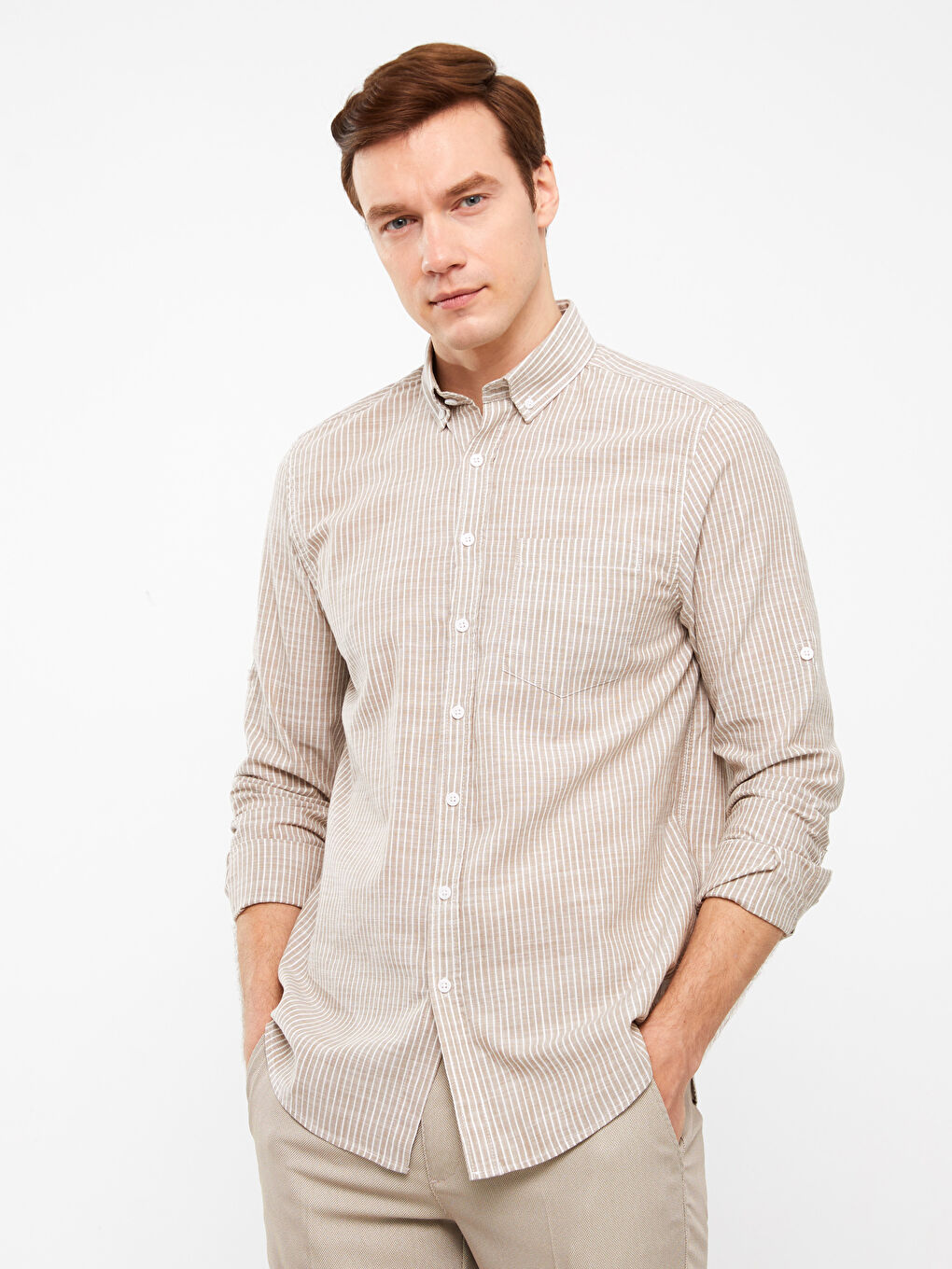 Regular Fit Long Sleeve Striped Linen Blend Men's Shirt-1