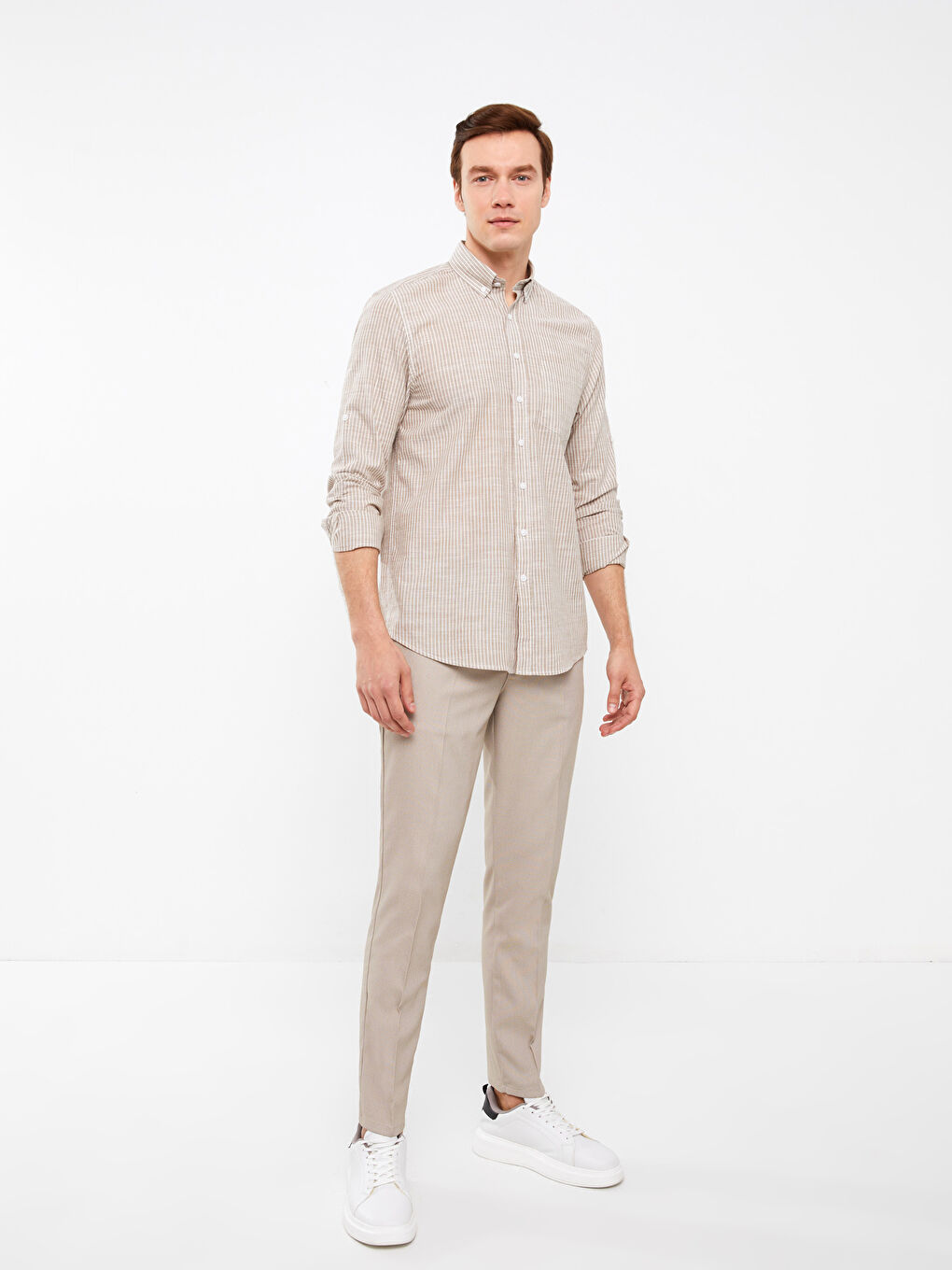Regular Fit Long Sleeve Striped Linen Blend Men's Shirt-2