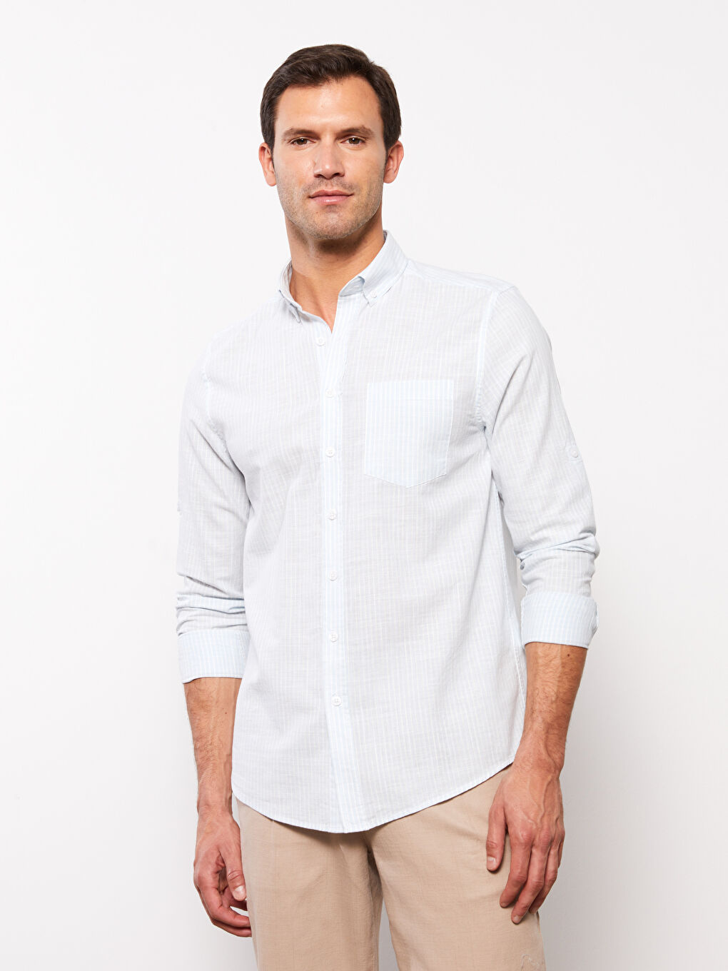 قميص رجالي كم طويل مخطط خليط كتان عادي