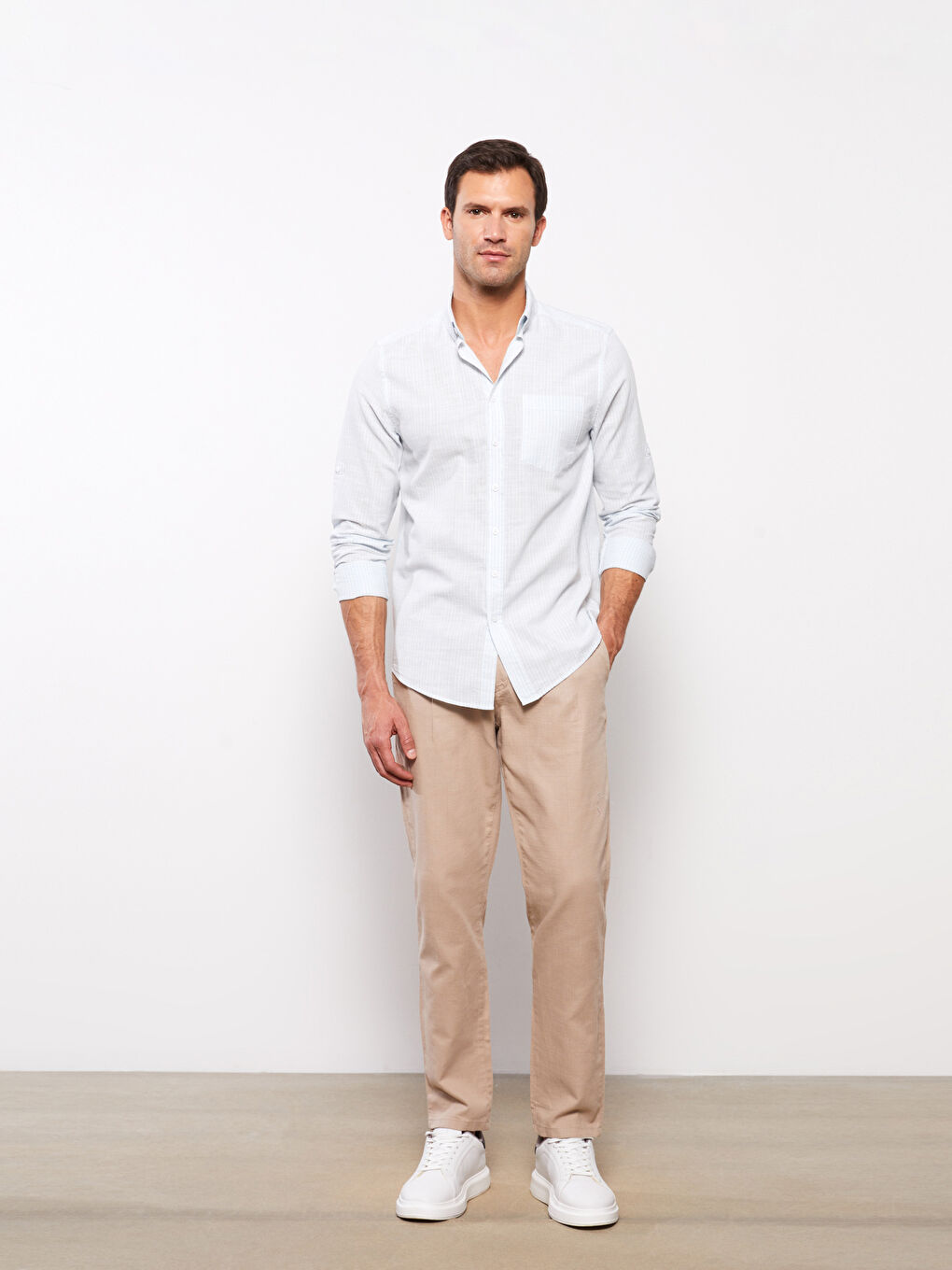 قميص رجالي كم طويل مخطط خليط كتان عادي-1