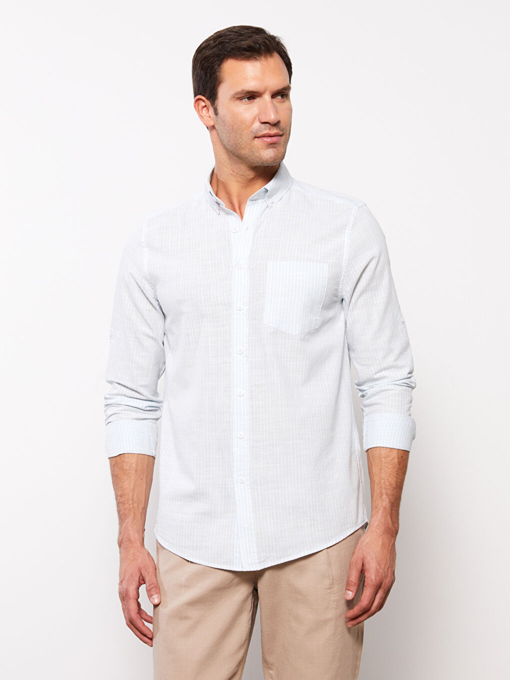 قميص رجالي كم طويل مخطط خليط كتان عادي-2