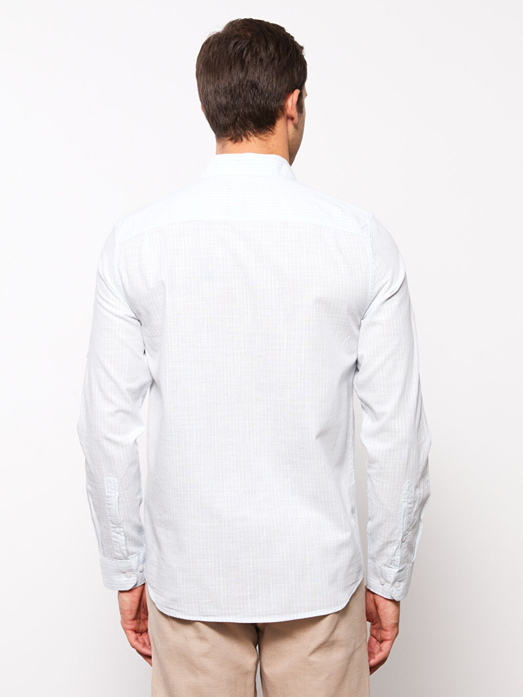 قميص رجالي كم طويل مخطط خليط كتان عادي-4