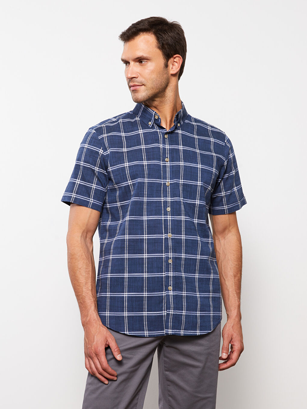 İndigo Regular Fit Kısa Kollu Ekose Poplin Erkek Gömlek-1