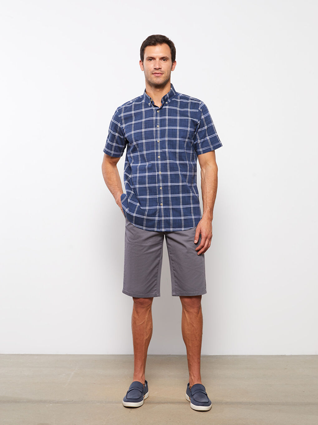 İndigo Regular Fit Kısa Kollu Ekose Poplin Erkek Gömlek-2