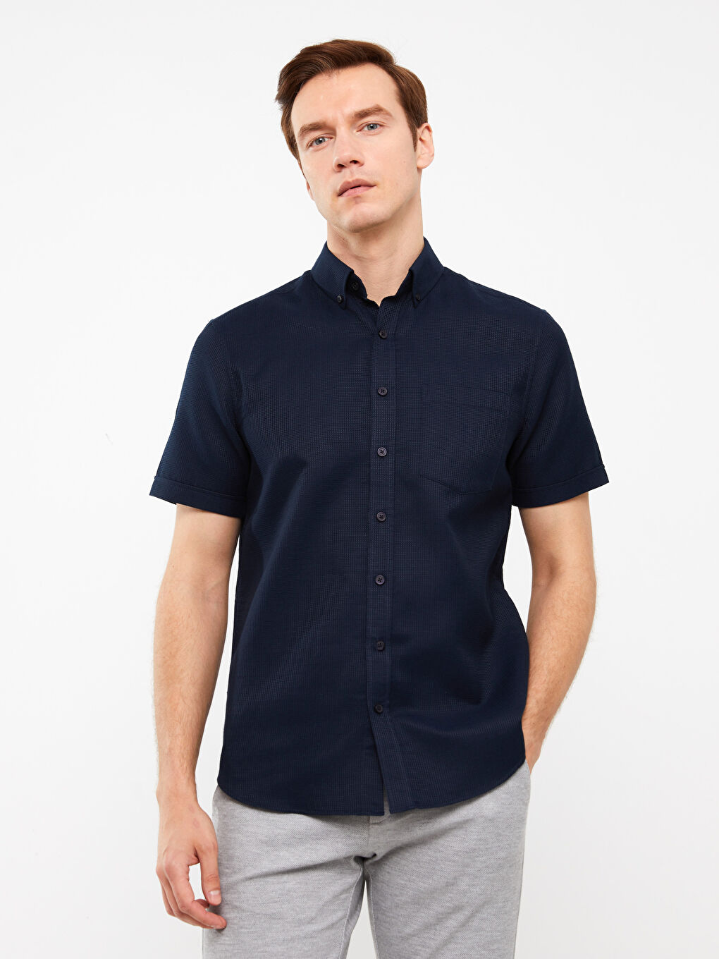 Lacivert Regular Fit Kısa Kollu Armürlü Erkek Gömlek