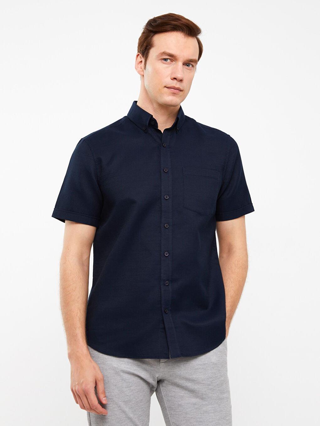 Lacivert Regular Fit Kısa Kollu Armürlü Erkek Gömlek-1