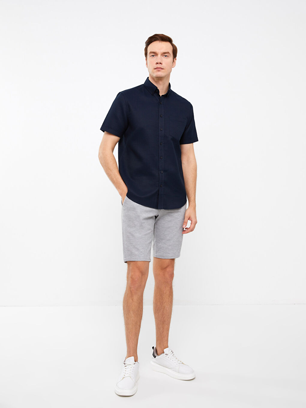 Lacivert Regular Fit Kısa Kollu Armürlü Erkek Gömlek-2