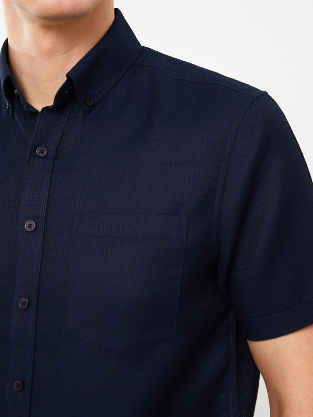 Lacivert Regular Fit Kısa Kollu Armürlü Erkek Gömlek-3
