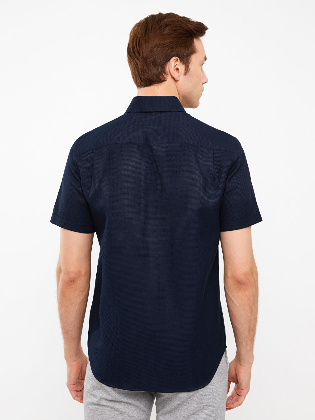 Lacivert Regular Fit Kısa Kollu Armürlü Erkek Gömlek-4