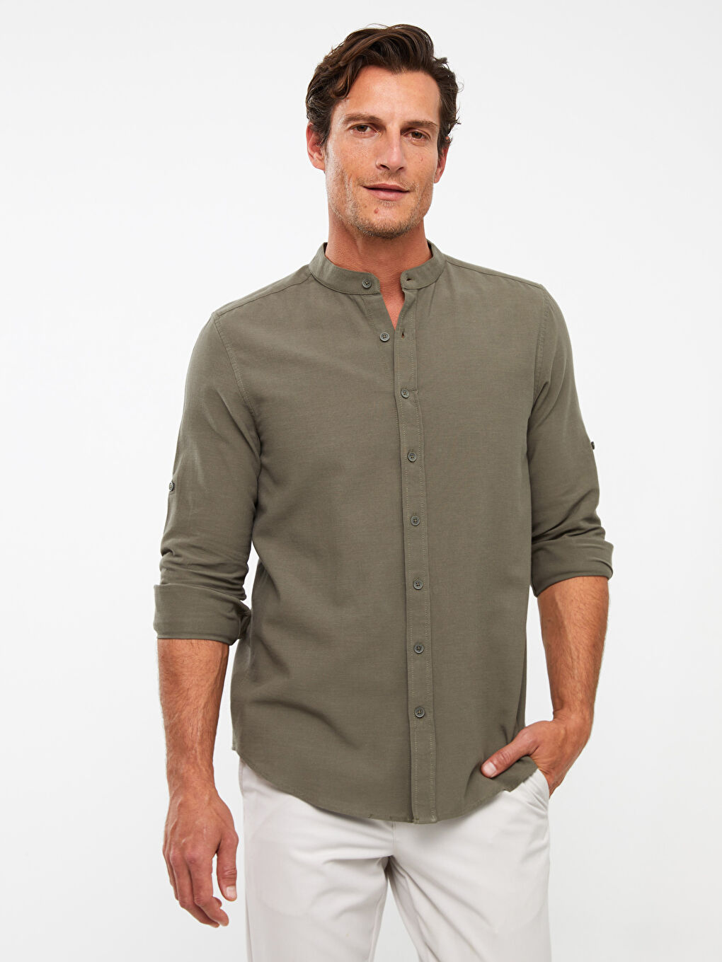 قميص رجالي كم طويل بقماش دوبي بقصة عادية-1