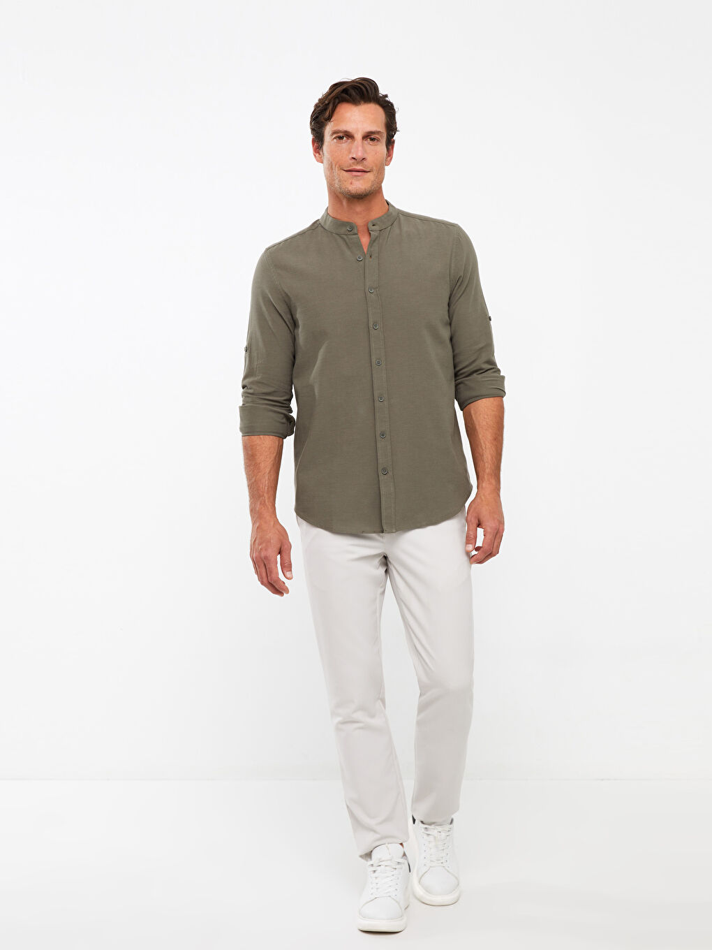 قميص رجالي كم طويل بقماش دوبي بقصة عادية-2