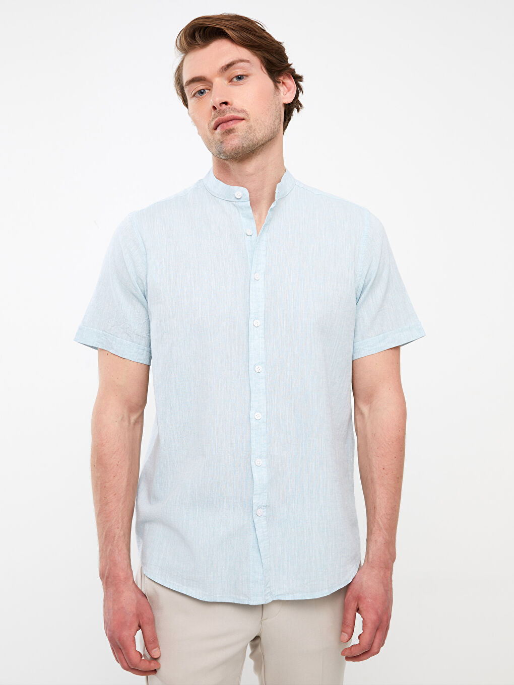 Ерлерге арналған зығыр қоспасы қысқа жең стандартты пішім жейде-1