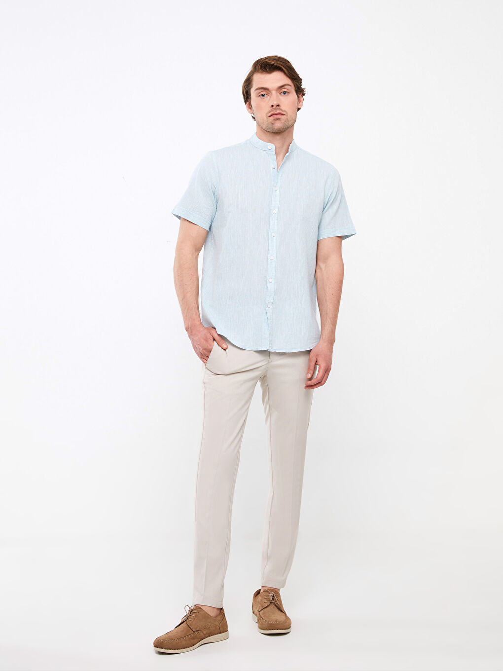 Ерлерге арналған зығыр қоспасы қысқа жең стандартты пішім жейде-2