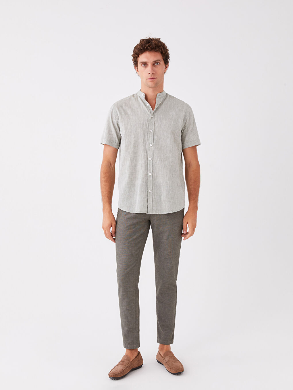 قميص رجالي كم قصير بقماش خليط كتان بقصة عادية-2