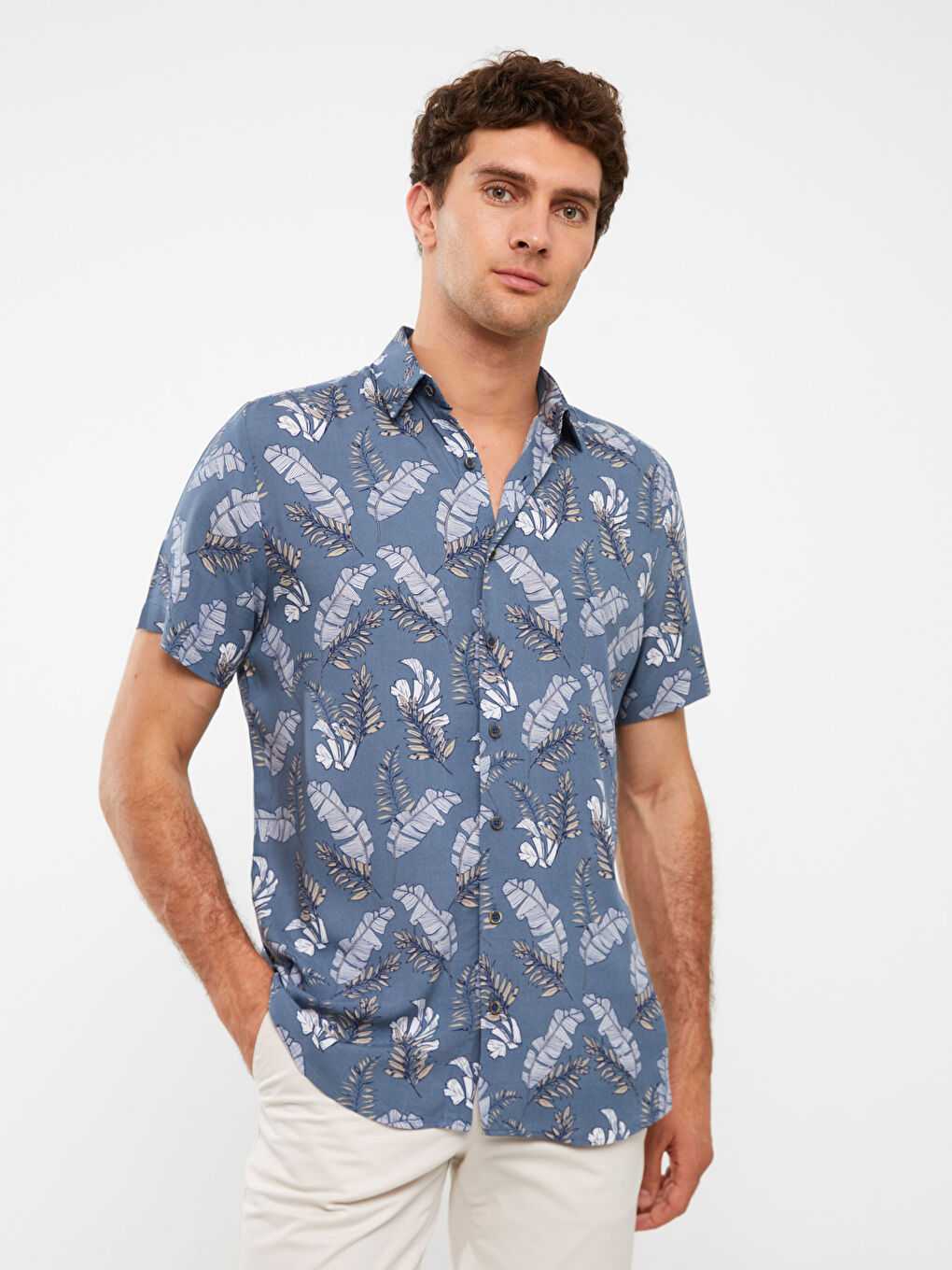 قميص رجالي بكم قصير عادي منقوش فيسكوز-1