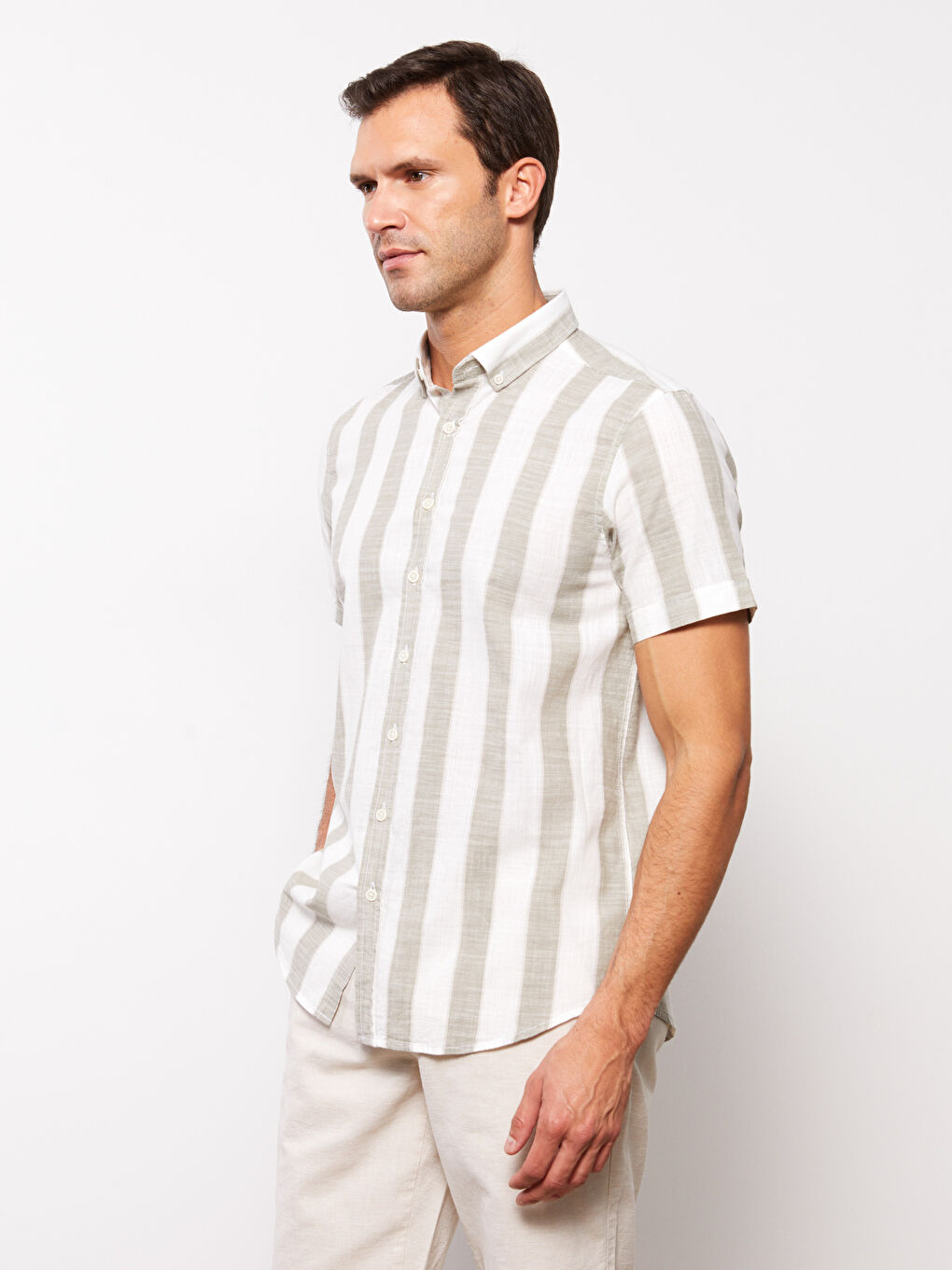 Haki Regular Fit Kısa Kollu Çizgili Erkek Gömlek-2