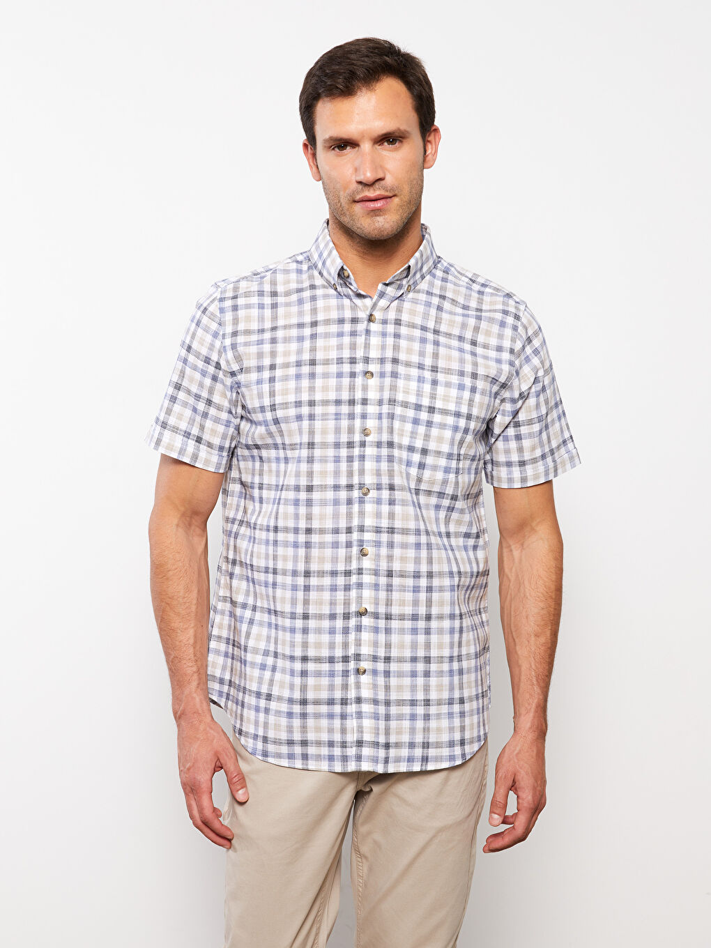 Regular Fit Short Sleeve Plaid Poplin Men's Shirt