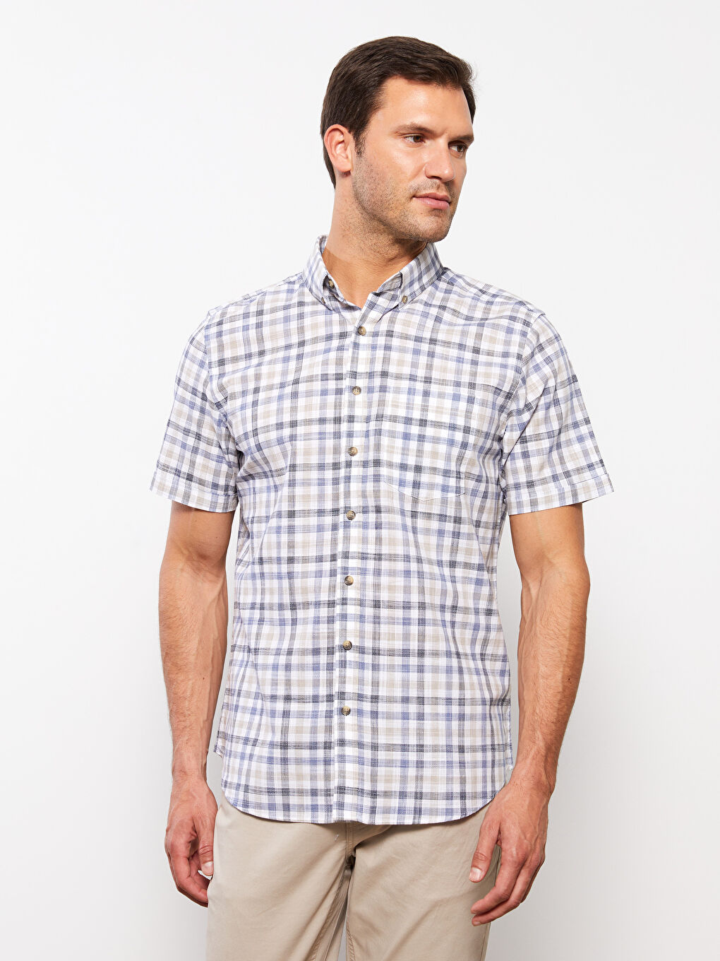 Regular Fit Short Sleeve Plaid Poplin Men's Shirt-1