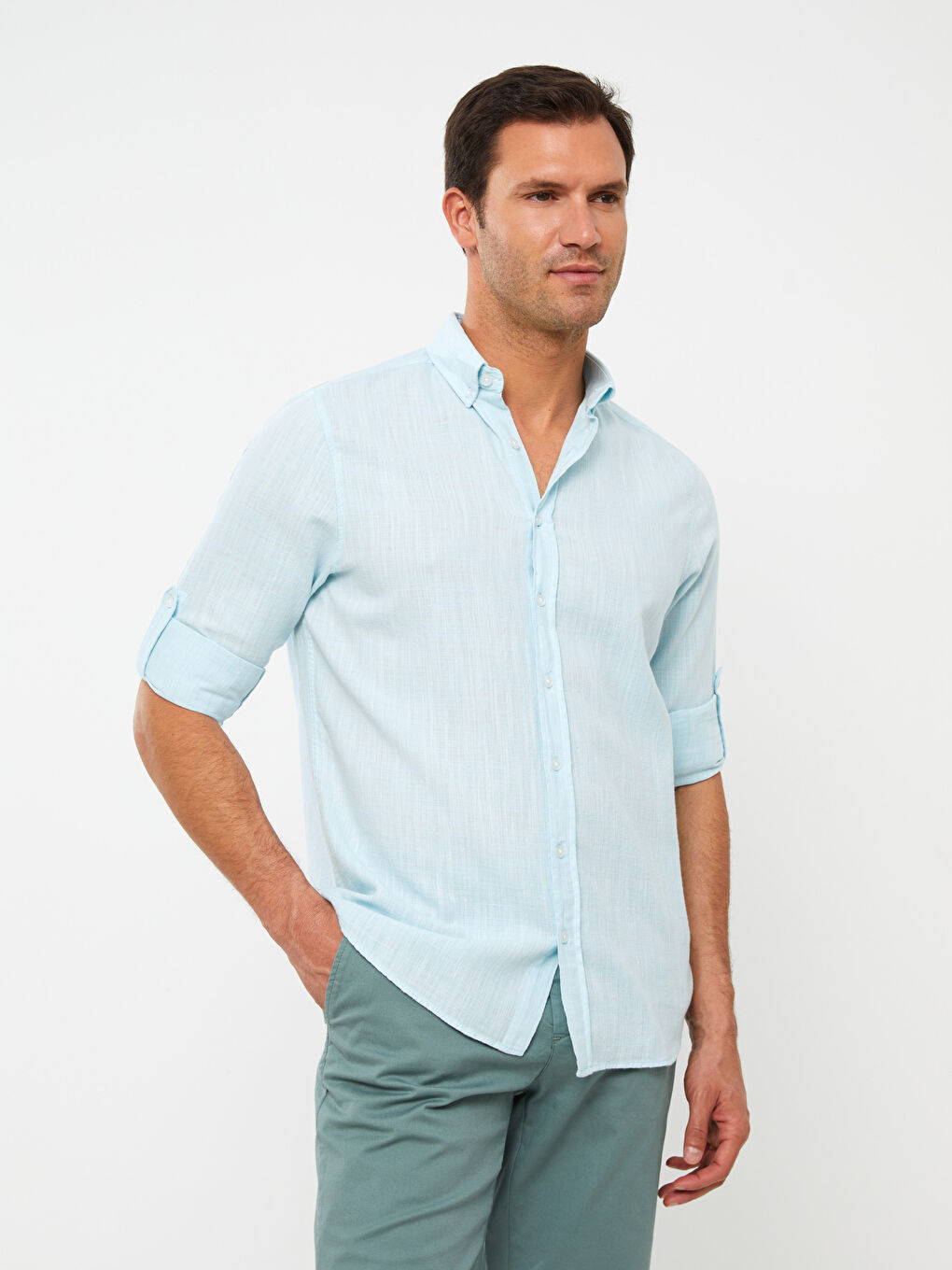 Chemise pour Hommes en Mélange de Lin à Manches Longues Coupe Régulière