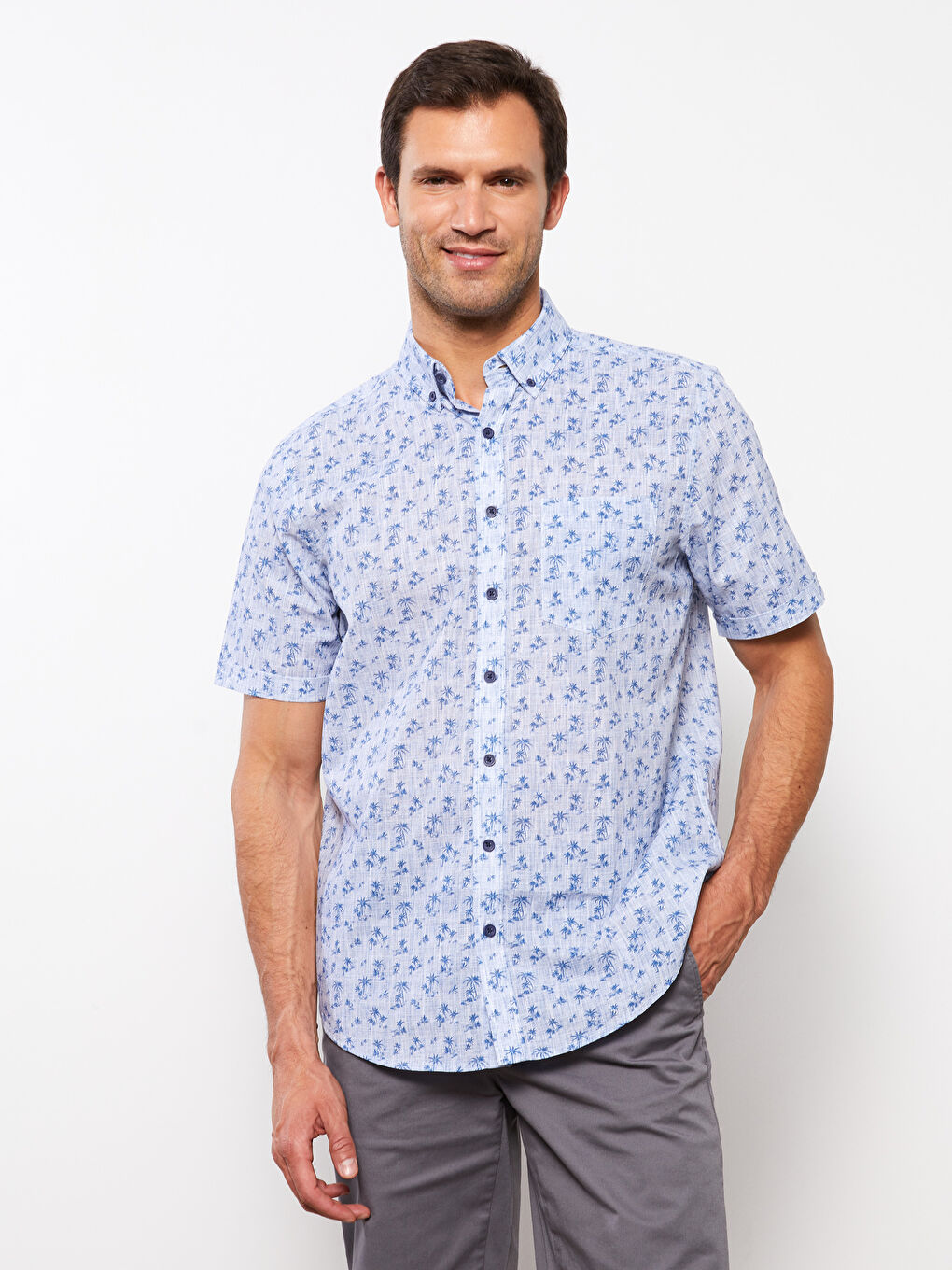 Regular Fit Short Sleeve Patterned Poplin Men's Shirt
