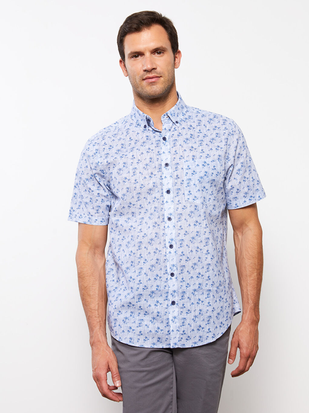 Regular Fit Short Sleeve Patterned Poplin Men's Shirt-1