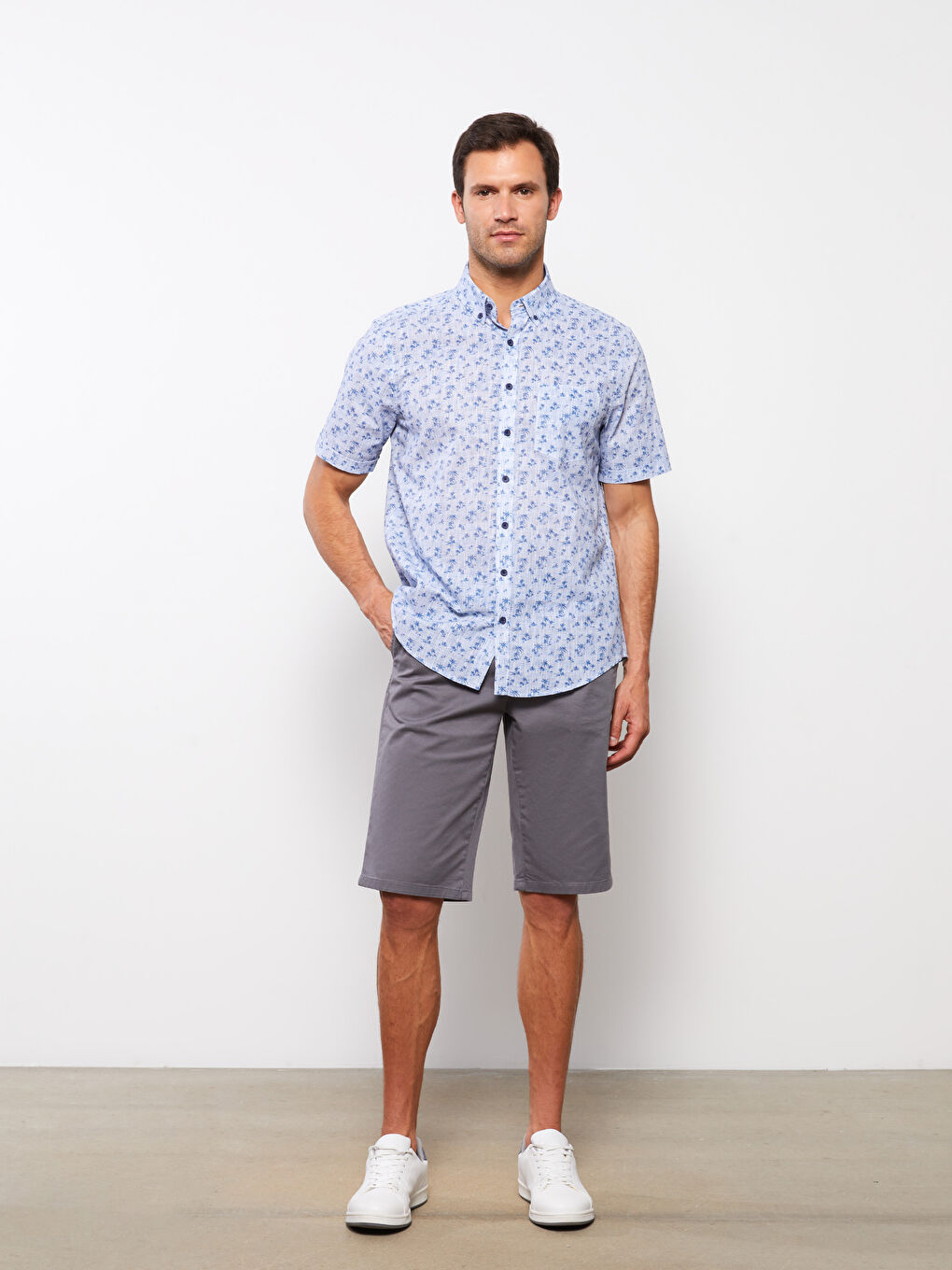 Regular Fit Short Sleeve Patterned Poplin Men's Shirt-2