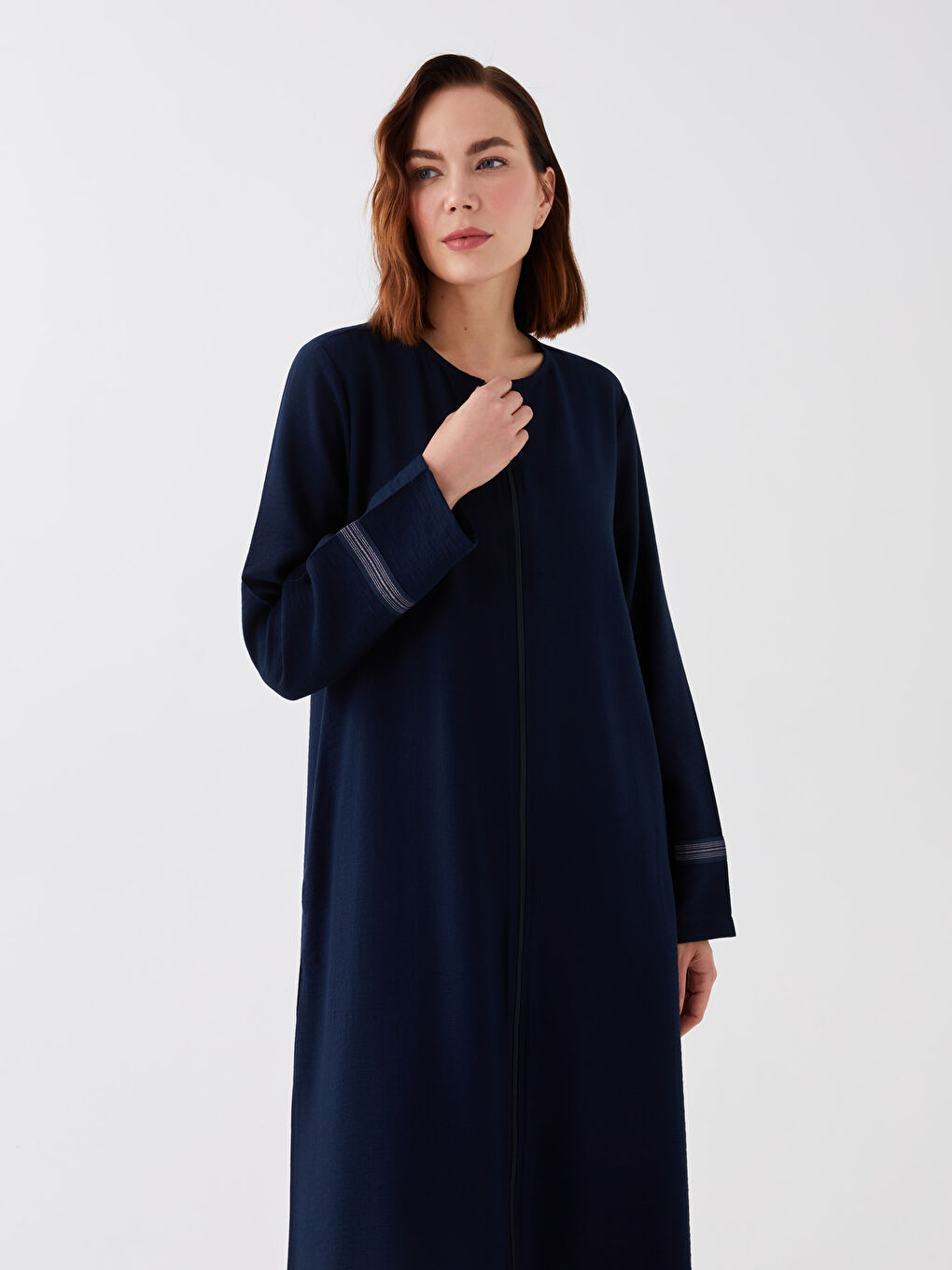 Lacivert Bisiklet Yaka Düz Uzun Kollu Keten Görünümlü Kadın Ferace-1