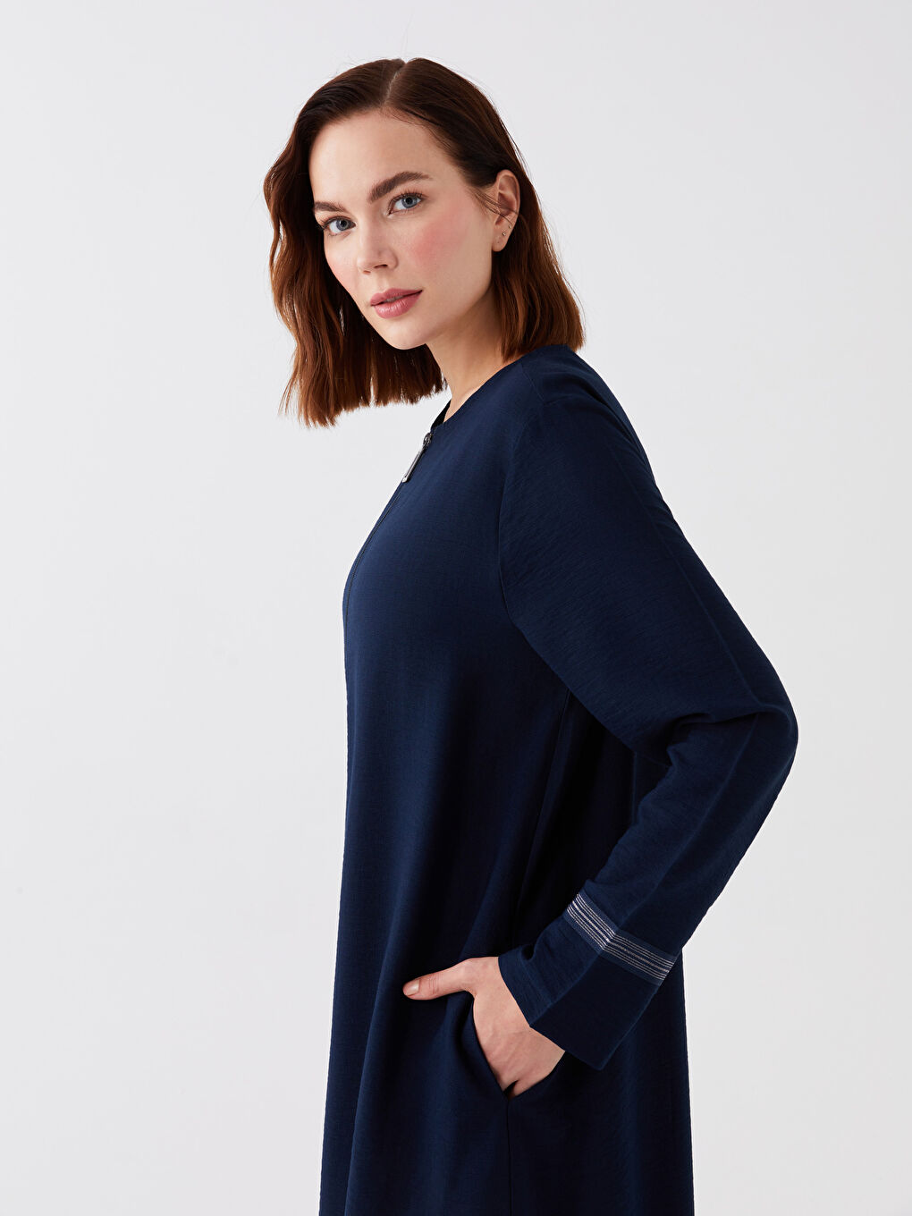 Lacivert Bisiklet Yaka Düz Uzun Kollu Keten Görünümlü Kadın Ferace-2