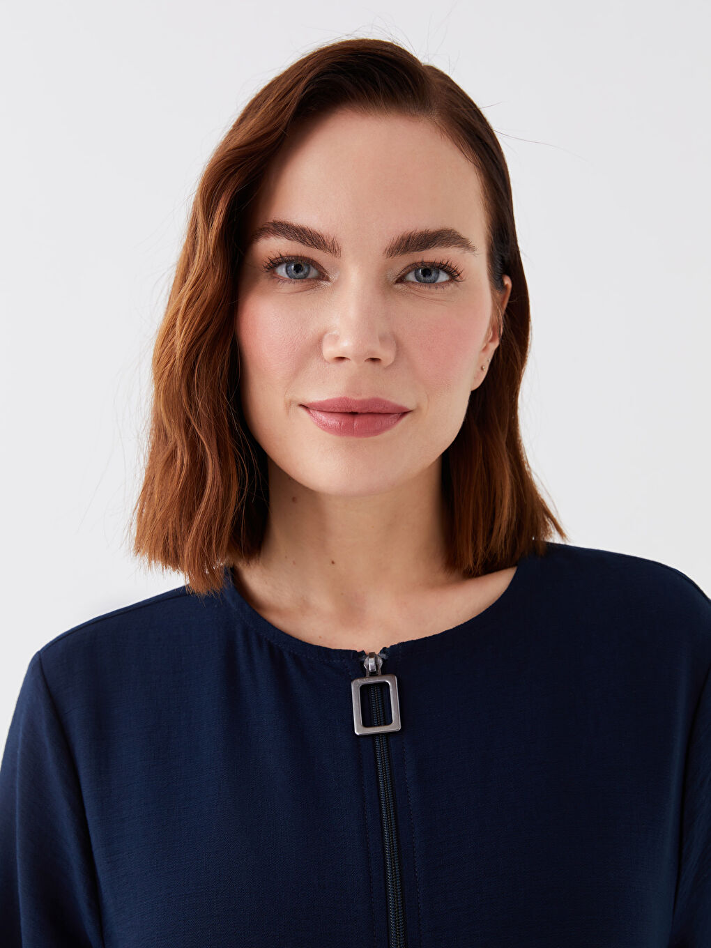 Lacivert Bisiklet Yaka Düz Uzun Kollu Keten Görünümlü Kadın Ferace-3