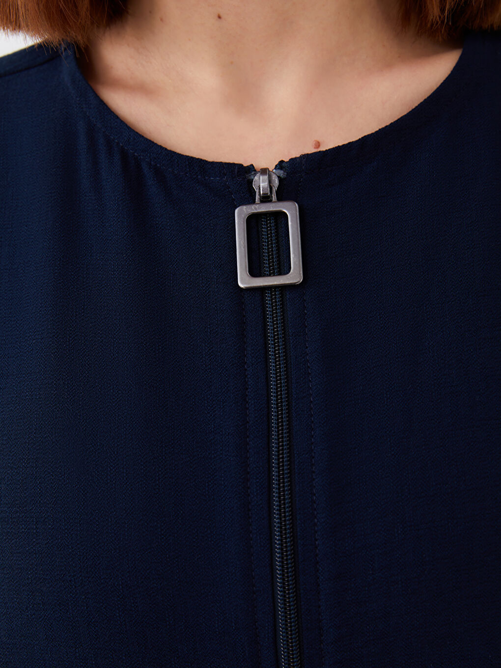 Lacivert Bisiklet Yaka Düz Uzun Kollu Keten Görünümlü Kadın Ferace-4