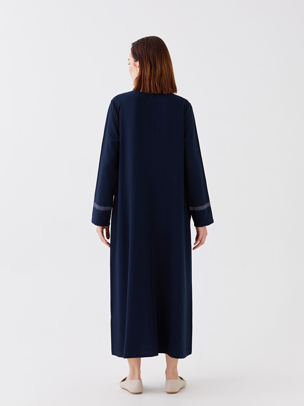 Lacivert Bisiklet Yaka Düz Uzun Kollu Keten Görünümlü Kadın Ferace-5