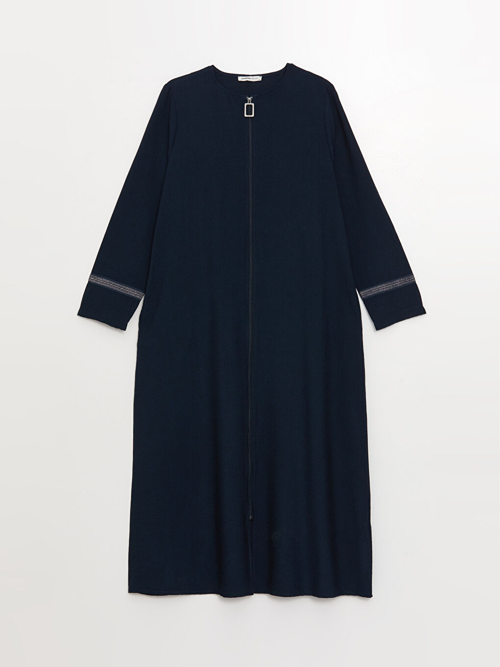 Lacivert Bisiklet Yaka Düz Uzun Kollu Keten Görünümlü Kadın Ferace-6