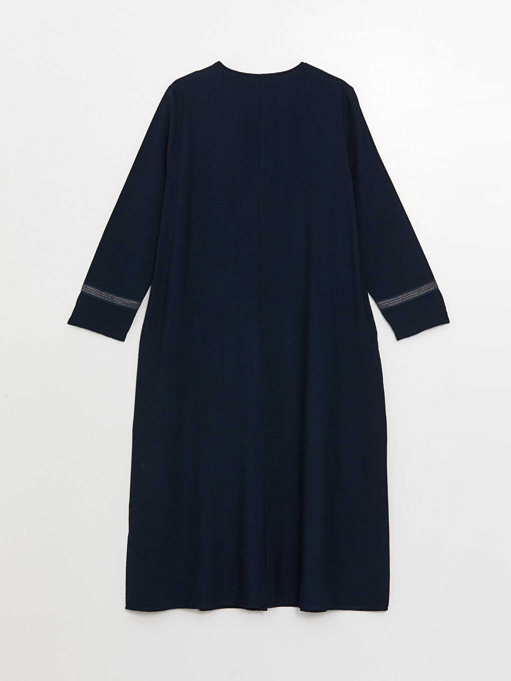 Lacivert Bisiklet Yaka Düz Uzun Kollu Keten Görünümlü Kadın Ferace-7