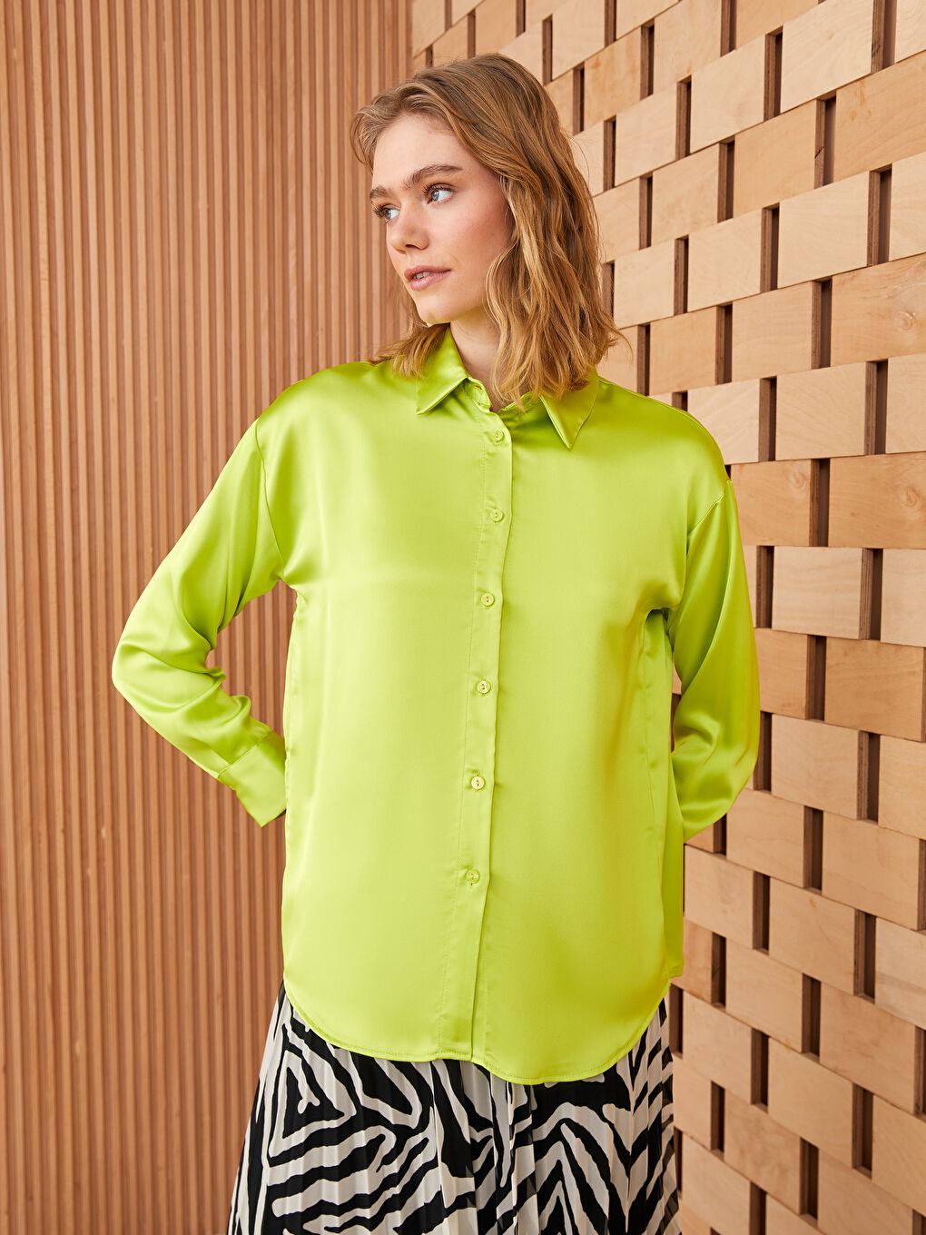 Plain Long Sleeve Satin Women's Shirt-1