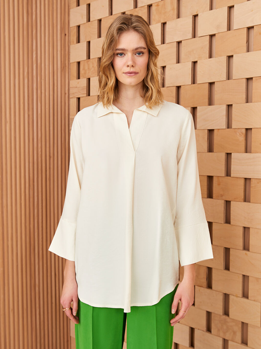 Ekru Düz Uzun Kollu Kadın Gömlek Tunik-1