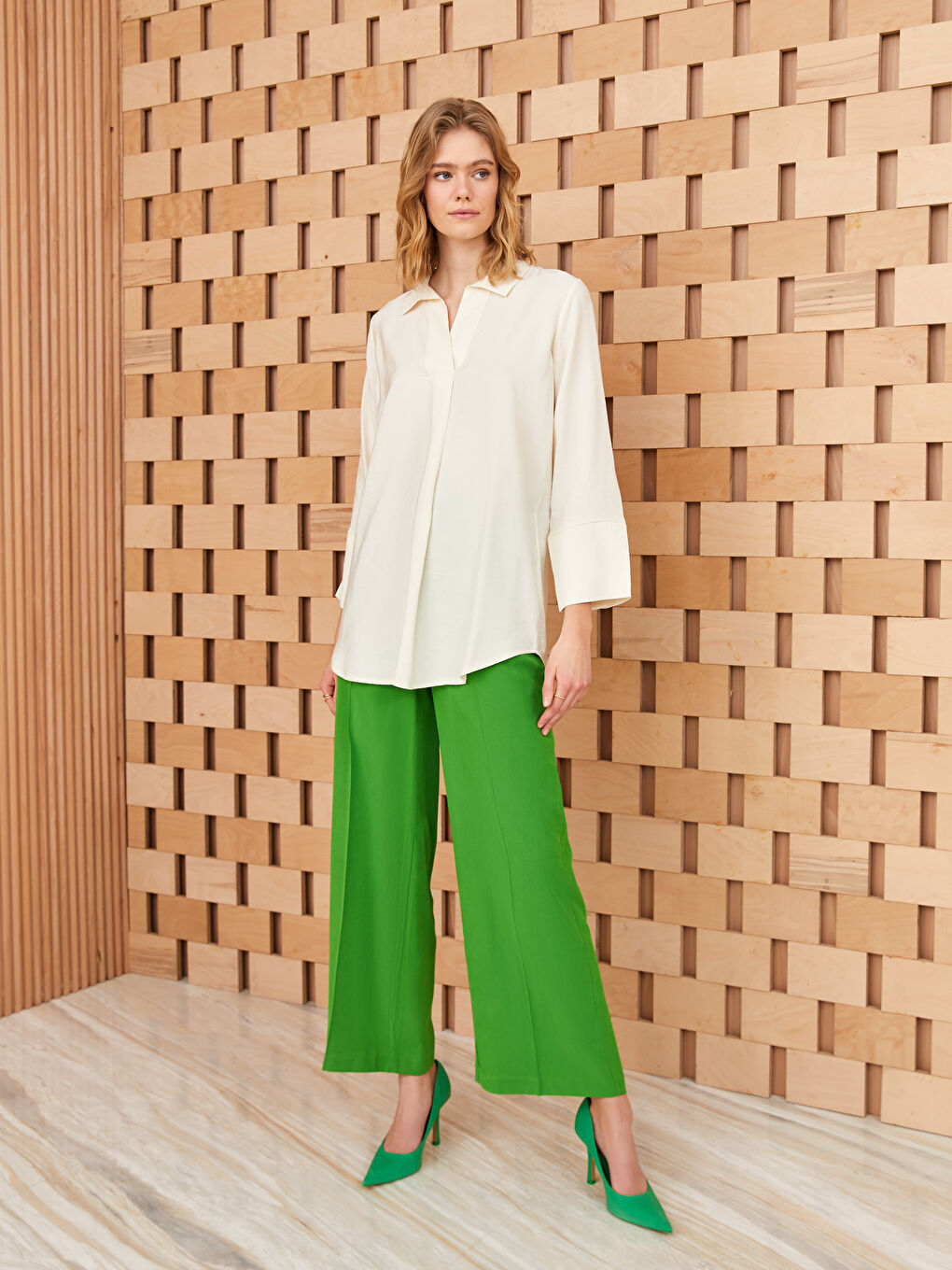 Ekru Düz Uzun Kollu Kadın Gömlek Tunik-2