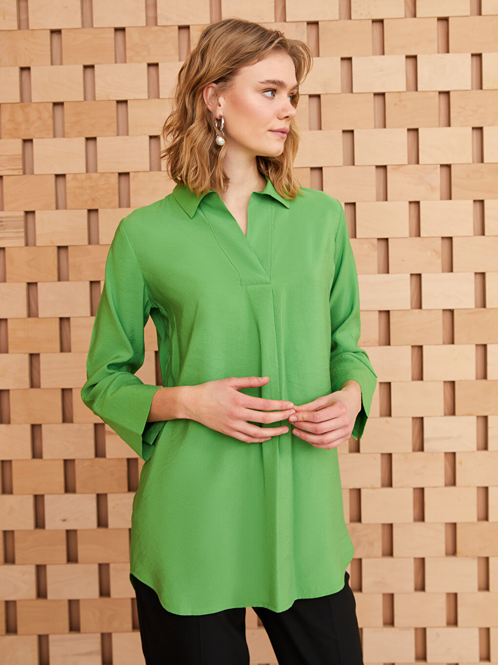 Yeşil Düz Uzun Kollu Kadın Gömlek Tunik-1