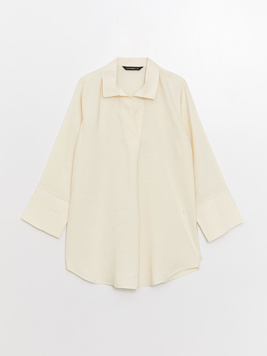 Ekru Düz Uzun Kollu Kadın Gömlek Tunik-5